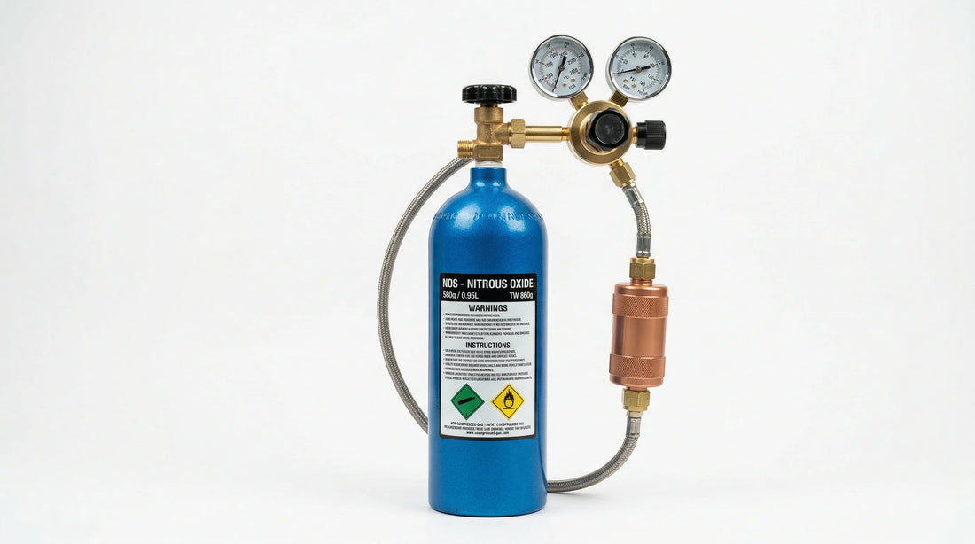 Galaxy Gas N2O tank with copper-core Whippiphany filter and regulator setup for culinary use