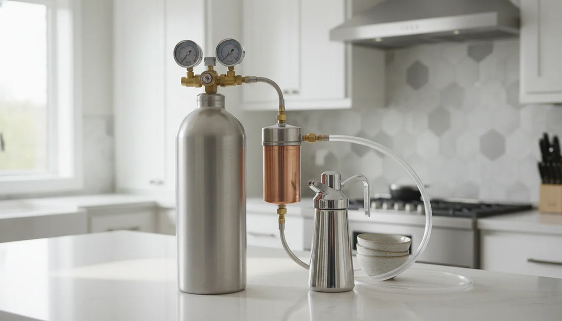 Galaxy Gas valve and regulator setup on an N2O tank with inline filter for culinary whipped cream use