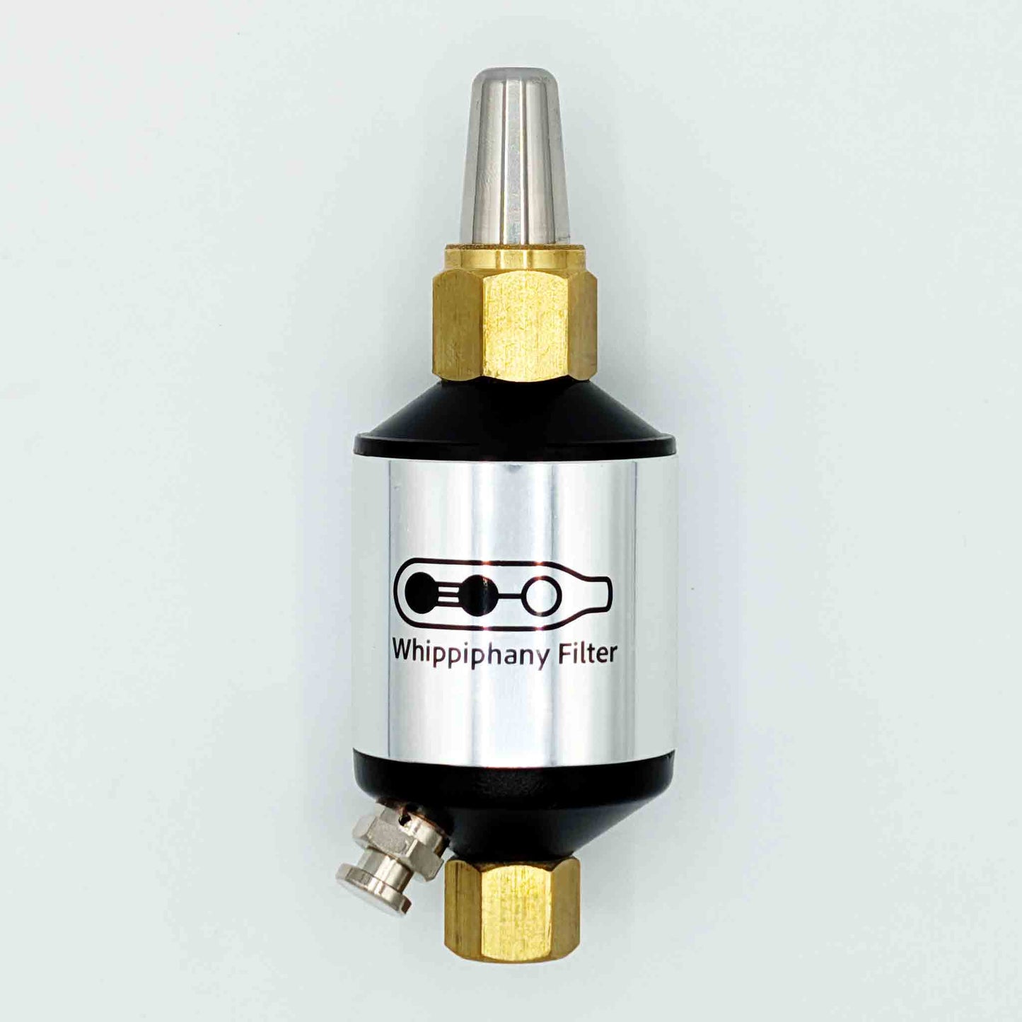 Whippiphany N2O and nitrous oxide filter with stainless steel fittings, designed for whipped cream dispensers and gas filtration.