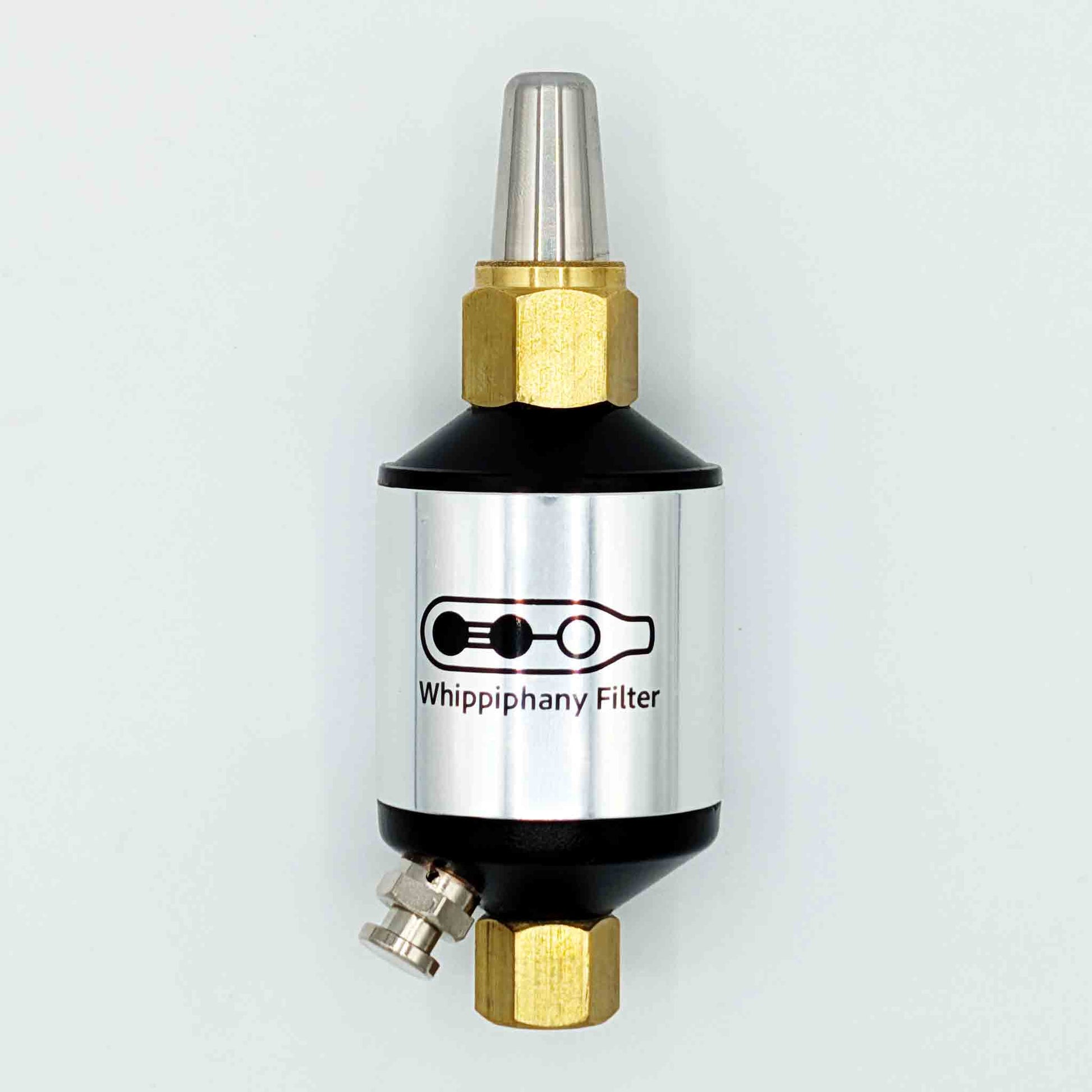 Whippiphany N2O and nitrous oxide filter with stainless steel fittings, designed for whipped cream dispensers and gas filtration.