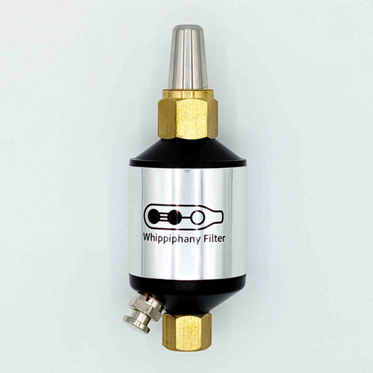 Whippiphany N2O and nitrous oxide filter with stainless steel fittings, designed for whipped cream dispensers and gas filtration.